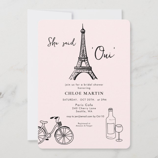 Parisian theme 'She sai Oui' Bridal shower Einladung (Vorderseite)