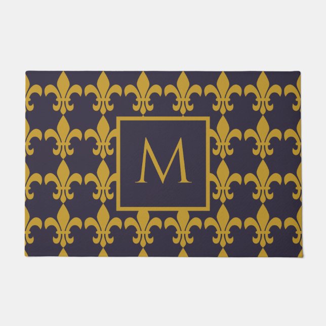 Parisienne Navy Gold Fluer De Lis Mit Monogramm Fußmatte (Vorderseite)