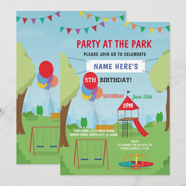 Park Birthday Party Slide Swings Outdoor Spaß Einladung (Vorne/Hinten)