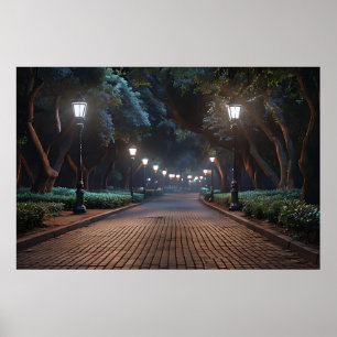 Park Path by Lamplight - Serene Abend Poster
