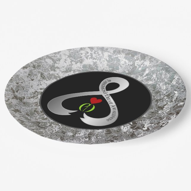 Parkinson's Awareness Ribbon Schwarz und Silber Pappteller (Schrägansicht)