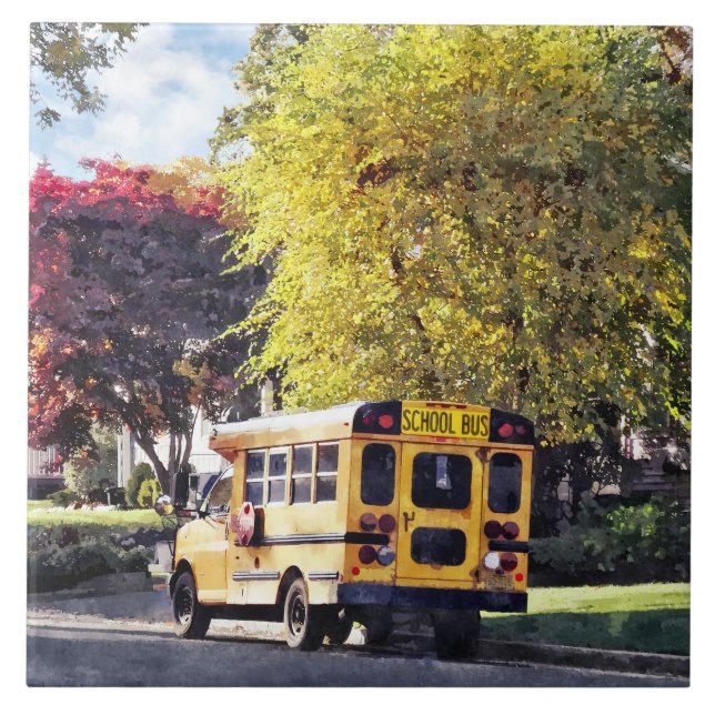 Parkplatz-Schulbus im Herbst Fliese (Vorderseite)