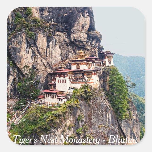 Paro Taktsang: Das Tiger-Nest-Kloster - Bhutan Quadratischer Aufkleber (Vorderseite)