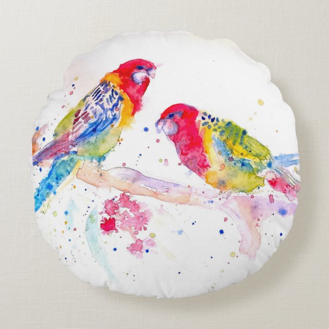 Parrot Art Wasserfarben Malerei Aqua Rundes Kissen (Vorderseite)
