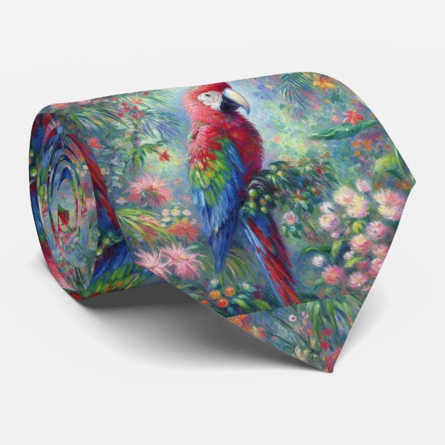 Parrot Bird Jungle Floral Impressionismus Malerei Krawatte (Gerollt)
