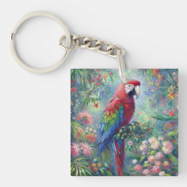 Parrot Bird Jungle Floral Impressionismus Malerei Schlüsselanhänger (Vorderseite)