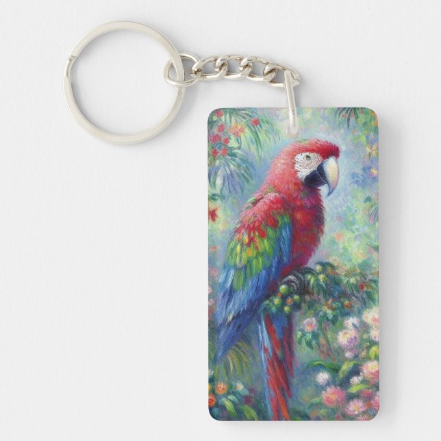 Parrot Bird Jungle Floral Impressionismus Malerei Schlüsselanhänger (Vorderseite)