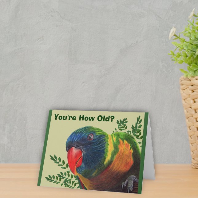 Parrot Birthday Card Karte (Bright colourful macaw parrot in green leaves on green Birthday greeting card.)