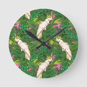 Parrot Pattern With Palm Leaves Runde Wanduhr