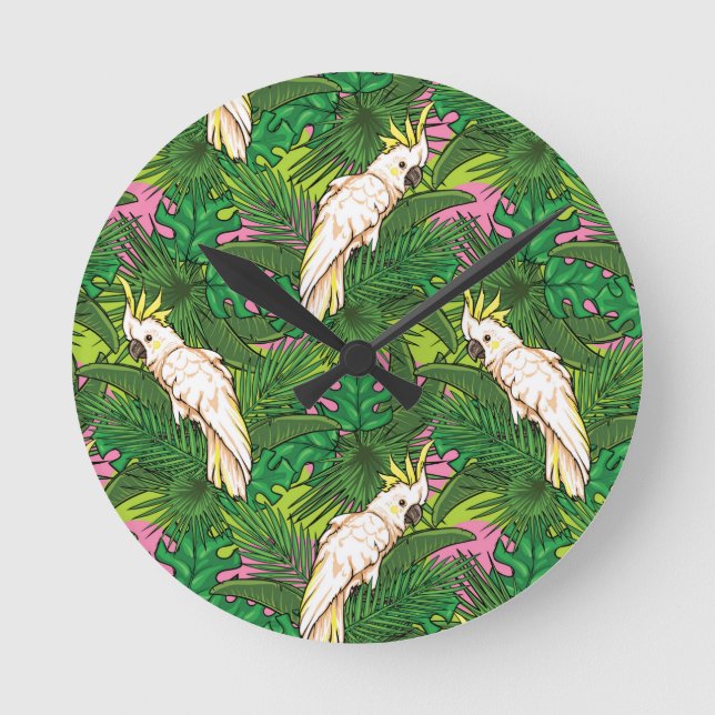 Parrot Pattern With Palm Leaves Runde Wanduhr (Vorderseite)