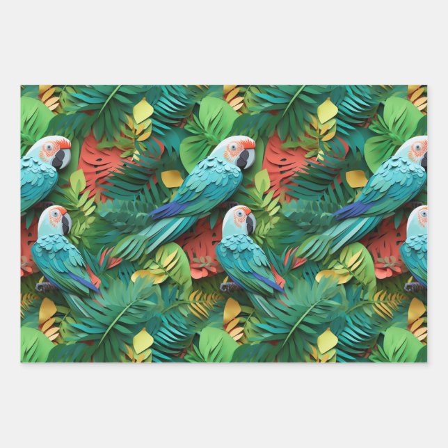 Parrots Floral Kirigami Geschenkpapier Set (Vorderseite)