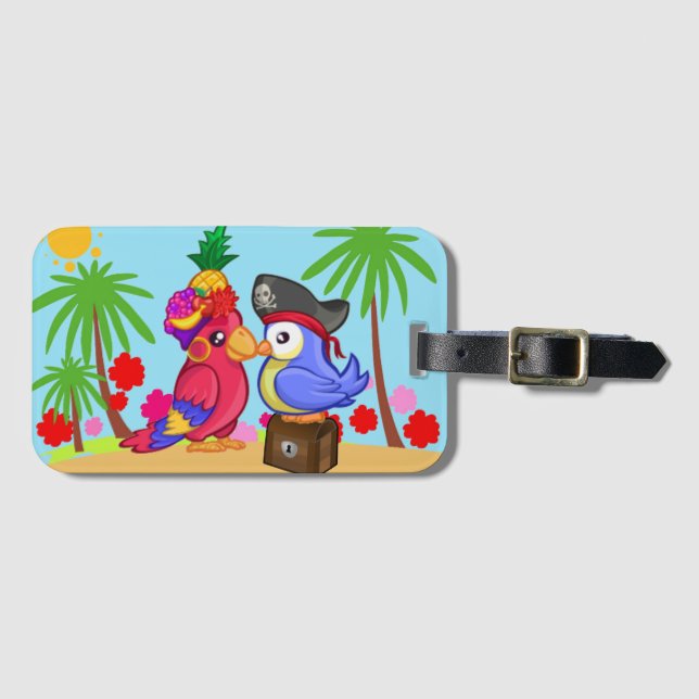 Parrots Pirates Treasure Liebe Cartoon Gepäckanhänger (Vorderseite (Horizontal))