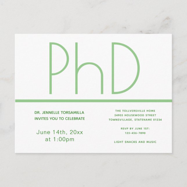 Partei für den Doktortitel "White Green Graduation Postkarte (Vorderseite)