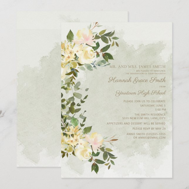 Partei "Sage Green Blätter White Floral Graduation Einladung (Vorne/Hinten)