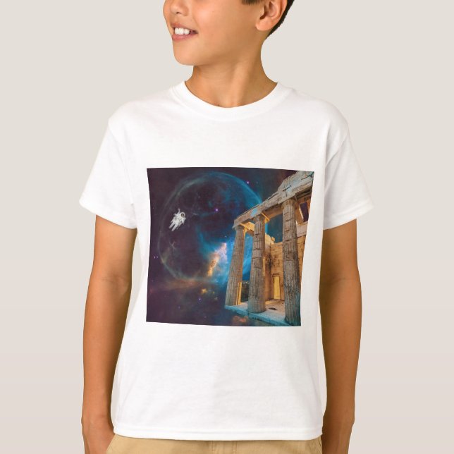 Parthenon Acropolis Griechenland trifft Raumfahrt T-Shirt (Vorderseite)