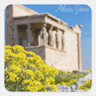 Parthenon-Tempel mit Frühlingsblumen Quadratischer Aufkleber