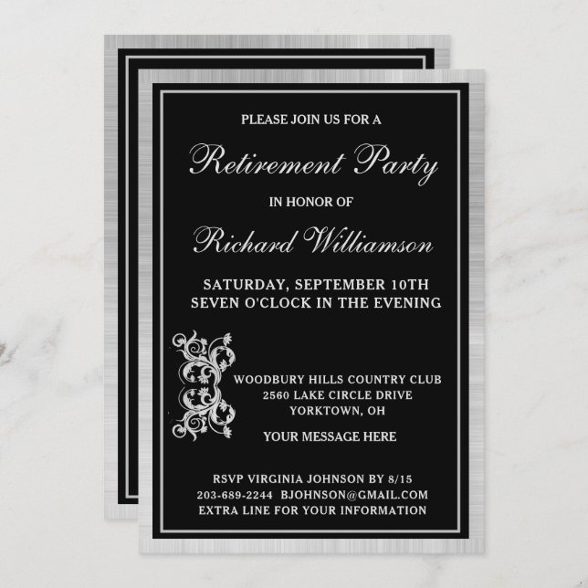 Parti de retraite Elégant Black Silver Invitation (Devant / Derrière)
