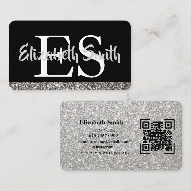 Parties scintillant argent Carte de visite noir et (Devant / Derrière)