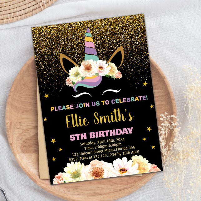 Parties scintillant Black Unicorn Invitations Anni (Glitter Black Unicorn Birthday Invitations)