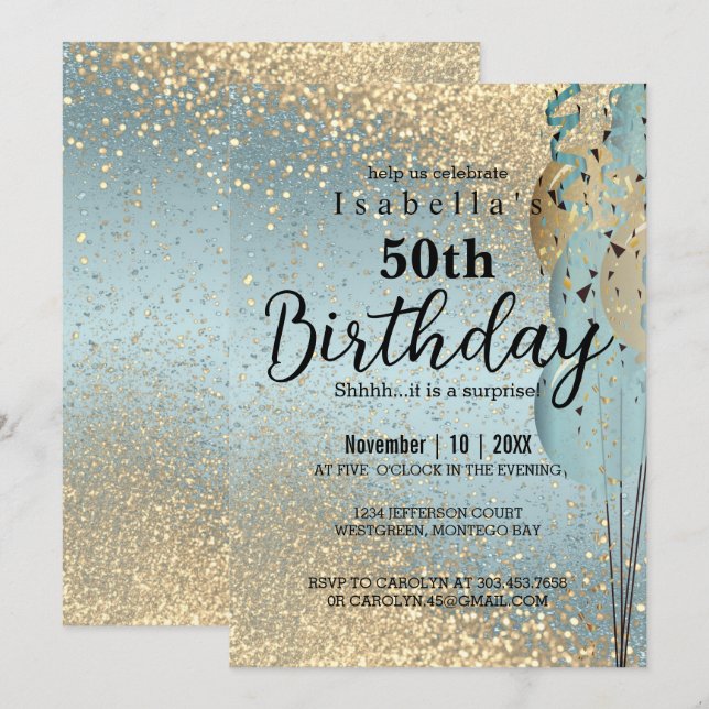Parties scintillant bleue et or Invitation d'anniv (Devant / Derrière)