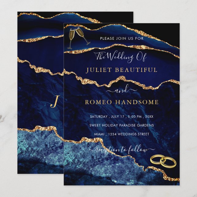 Parties scintillant d'or bleu marine Faire-part de (Devant / Derrière)