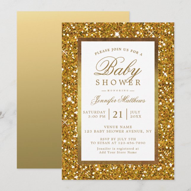 Parties scintillant d'or Faux Invitation d'Baby sh (Devant / Derrière)
