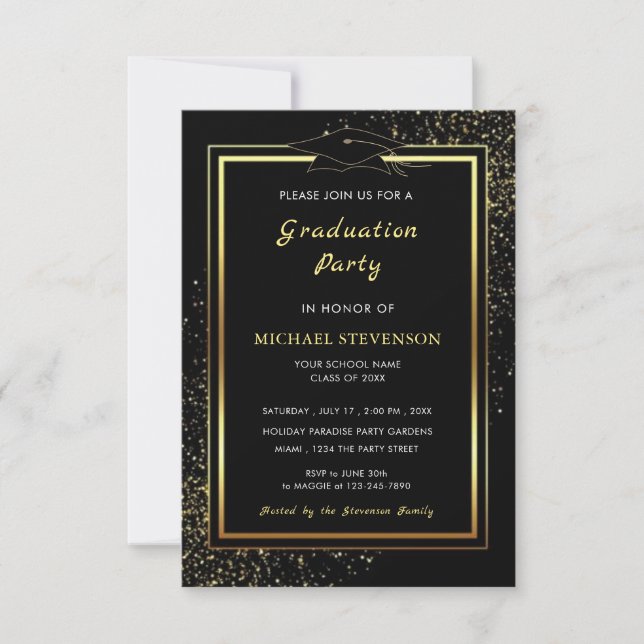 Parties scintillant d'or noir Invitation de gradua (Devant)