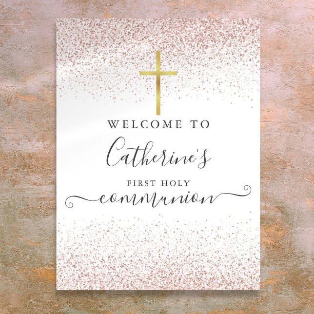 Parties scintillant d'or rose Affiche de bienvenue (Rose Gold Glitter Holy Communion Welcome Sign)
