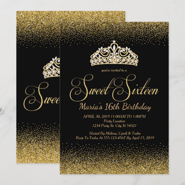Parties scintillant d'or, Sweet 16 Invitations (Devant / Derrière)