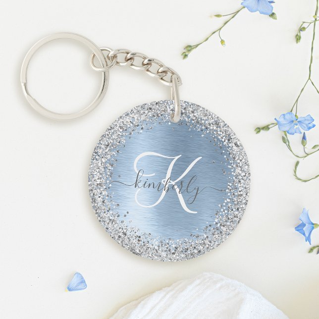 Parties scintillant en argent brossé bleu Nom du m (Add some sparkle to your keys with this blue and silver monogram keychain.)