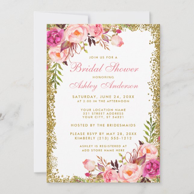 Parties scintillant en or rose floral Invitation à (Devant)