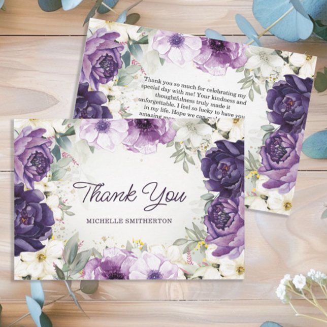 Parties scintillant florale blanc pourpre Merci d' (Purple floral birthday party "Thank you" card for women.)