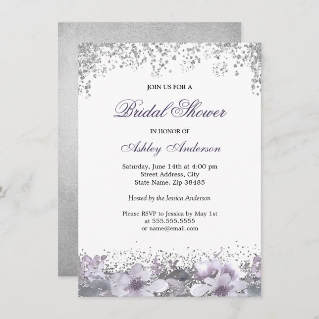 Parties scintillant florale violet Invitation de l (Devant / Derrière)