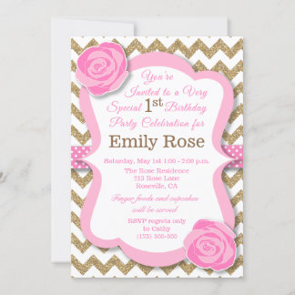 Parties scintillant Gold & rose Floral Invitation 