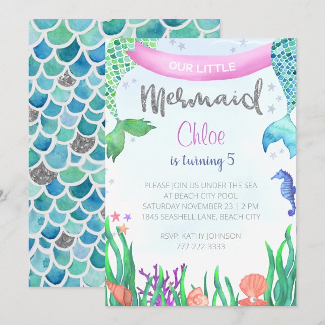 Parties scintillant Mermaid Invitation de fête d'a (Devant / Derrière)