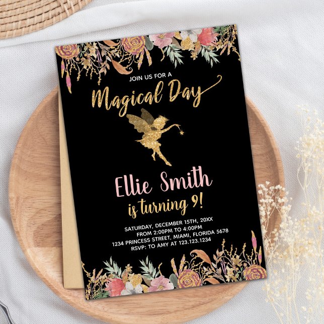 Parties scintillant noire Floral Fairy Invitations (Black Glitter Floral Fairy Birthday Invitations)