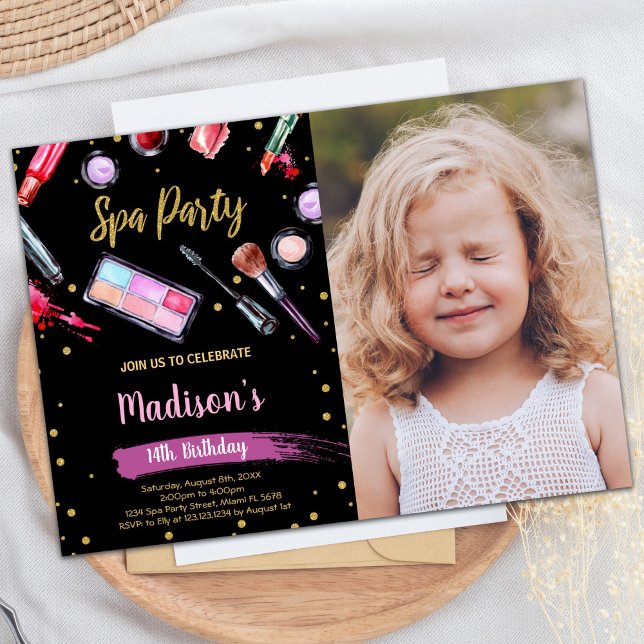 Parties scintillant noire Spa photo Invitations d' (Black Glitter Photo Spa Birthday Invitations)