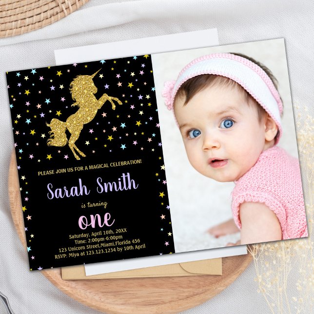 Parties scintillant noire Unicorne Invitations Ann (Black Glitter Unicorn Birthday Invitations w Photo)