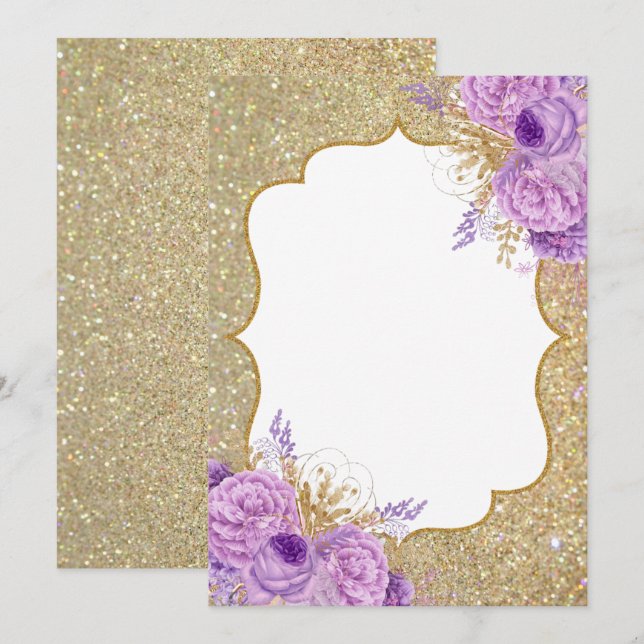Parties scintillant Purple Floral Blank Invitation (Devant / Derrière)