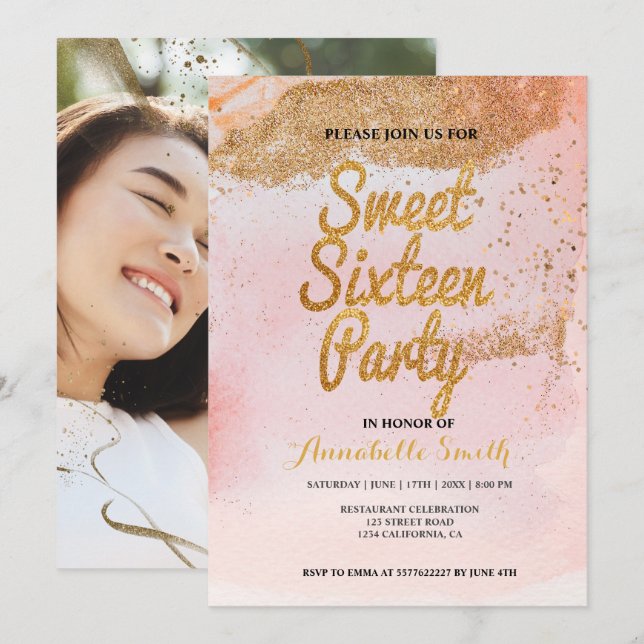 parties scintillant rose en or doux 16 invitation (Devant / Derrière)