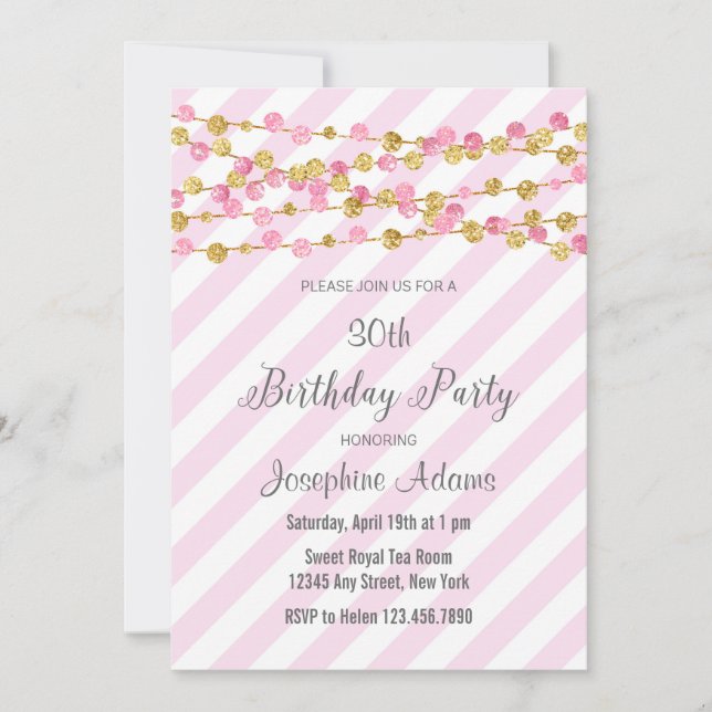 Parties scintillant rose et or Invitation d'annive (Devant)