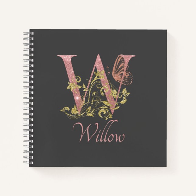 Parties scintillant rose lettre florale W Carnet c (Devant)