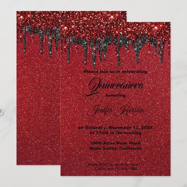 Parties scintillant rouge Quinceanera Invitation (Devant / Derrière)