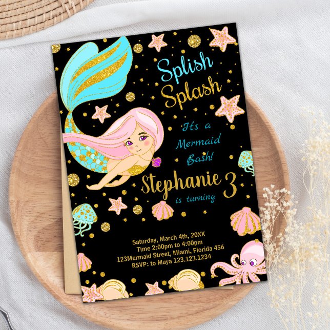 Parties scintillant Sirène noire Invitations d'ann (Glitter Black Mermaid Birthday Invitations)