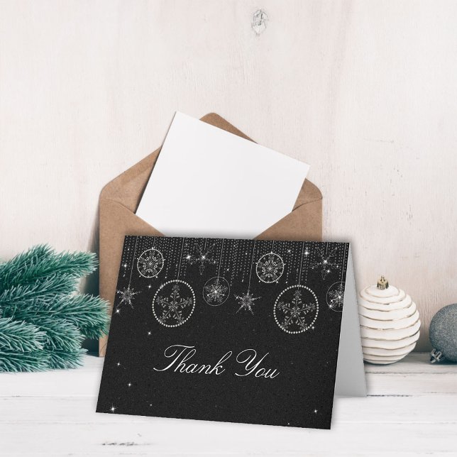 Parties scintillant Snowflakes noir blanc Merci él (christmas thank you folded card couple wedding holidays winter snowflakes rhinestones glitter black )