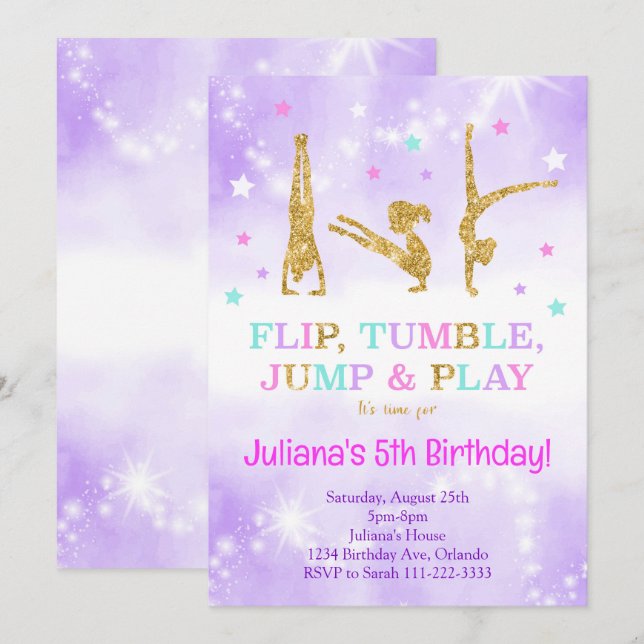 Parties scintillant violet Gymnastique Invitation  (Devant / Derrière)