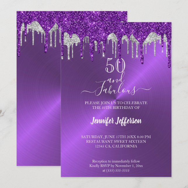 Parties scintillant violet métallique Invitation d (Devant / Derrière)
