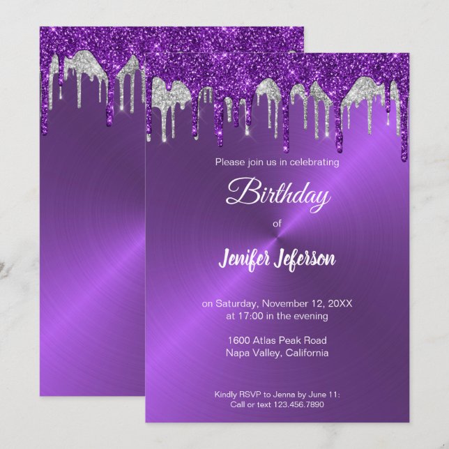 Parties scintillant violet métallique Invitation d (Devant / Derrière)