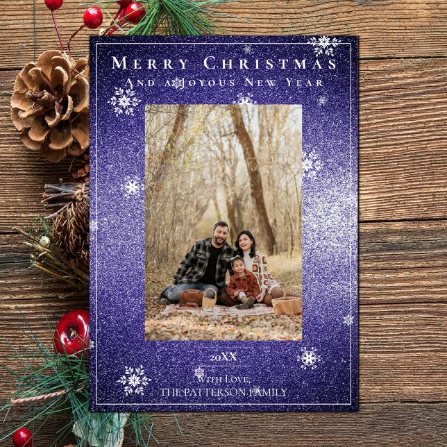 Parties scintillant violet Snowflakes Carte photo  (Purple Glitter Snowflakes Holiday Photo Card)
