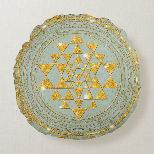 Parties scintillantes d'or de Sri Yantra - coussin (Devant)